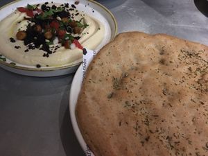 Second dish: hummus with gluten free pita at Teresa Carles Cocina Vegetariana in Barcelona