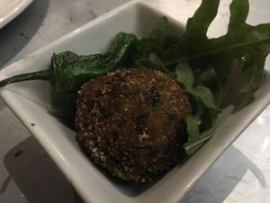 Third dish: vegan croquette at Teresa Carles Cocina Vegetariana in Barcelona