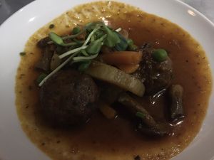 Fifth dish: vegan meatballs at Teresa Carles Cocina Vegetariana in Barcelona