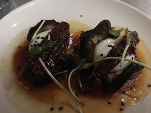 Sixth dish: roasted stuffed aubergine rolls at Teresa Carles Cocina Vegetariana in Barcelona