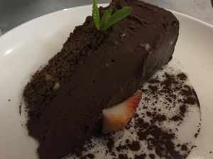 First dessert: chocolate layer cake at Teresa Carles Cocina Vegetariana in Barcelona