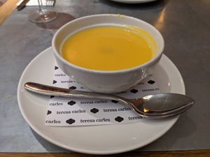 Cold pumpkin, parsnip soup with grape jelly pieces at Teresa Carles Cocina Vegetariana in Barcelona