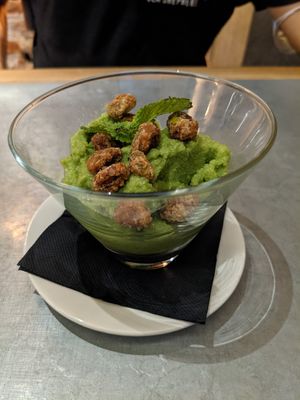 Green 'smoothie' with candied pistachios at Teresa Carles Cocina Vegetariana in Barcelona