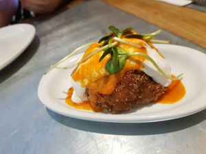 Vegan "bomb" (Catalonian croquette) at Teresa Carles Cocina Vegetariana in Barcelona