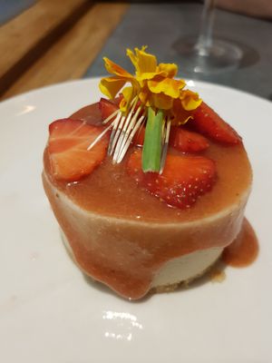 White chocolate and rhubarb cake at Teresa Carles Cocina Vegetariana in Barcelona