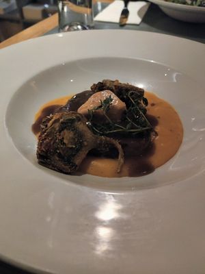 Meat with foie and artichokes at Teresa Carles Cocina Vegetariana in Barcelona