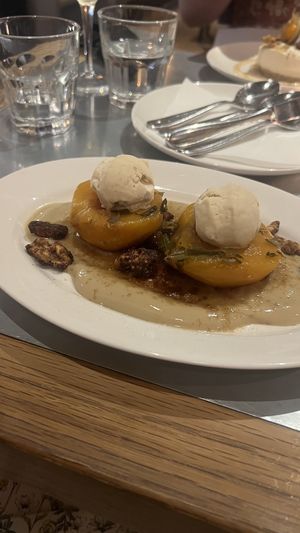 Try this! Peach dessert    at Teresa Carles Cocina Vegetariana in Barcelona