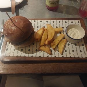 "double smashed burger" (was really juicy) at Teresa Carles Cocina Vegetariana in Barcelona