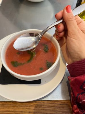 Watermelon gazpacho — innovative and fresh. at Teresa Carles Cocina Vegetariana in Barcelona