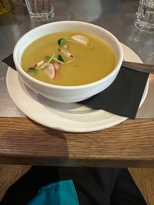 Creamy Asparagus Soup with radish. at Teresa Carles Cocina Vegetariana in Barcelona