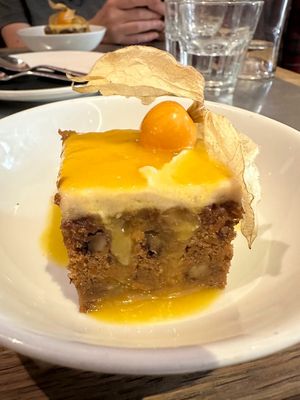 Carrot Cake with Golden Cherry. at Teresa Carles Cocina Vegetariana in Barcelona