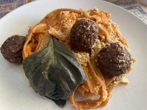 Tagliatelle vegan no-meat balls  at Teresa Carles Cocina Vegetariana in Barcelona