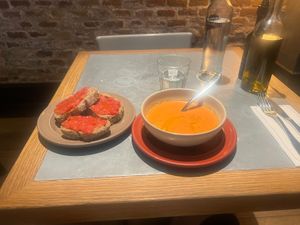 Gazpacho and bread with tomato   at Teresa Carles Cocina Vegetariana in Barcelona