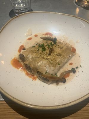 Pasta filled with mushrooms in a crema of mushrooms   at Teresa Carles Cocina Vegetariana in Barcelona