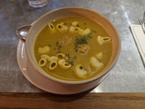 Sopa amb pilotes vegana at Teresa Carles Cocina Vegetariana in Barcelona