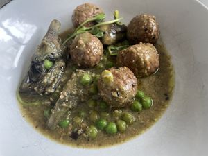 Sojaballs + peas + artichoques  at Teresa Carles Cocina Vegetariana in Barcelona