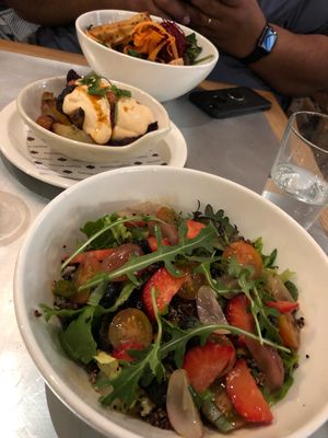 Root veg bravas and quinoa salad at Teresa Carles Cocina Vegetariana in Barcelona