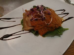 Lasagna (bad photo) at Teresa Carles Cocina Vegetariana in Barcelona