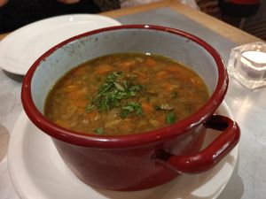 Soup with meatball inside at Teresa Carles Cocina Vegetariana in Barcelona