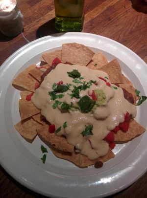 Nachos with vegan cheese at Teresa Carles Cocina Vegetariana in Barcelona