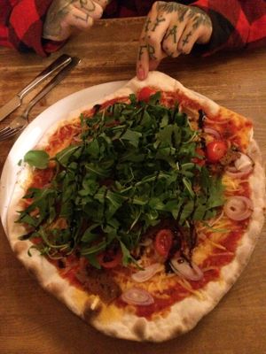 Pizza with vegan cheese  at Pizza Bande in Hamburg