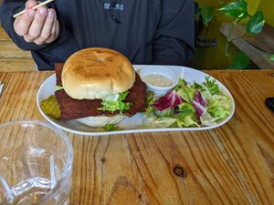 Bacon and sausage bap at Anna Loka in Cardiff