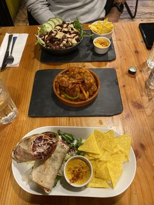 Peacemaker bowl, crispy tofu, Arabian wrap (with nachos & cheeze sauce)  at Anna Loka in Cardiff