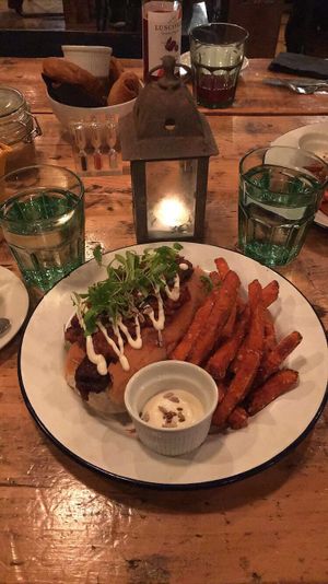 Chilli dog and sweet potato fries  at Anna Loka in Cardiff
