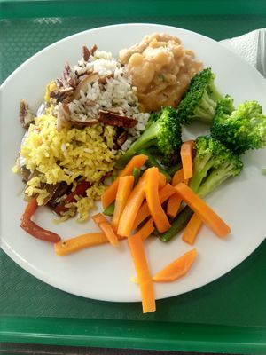 Miscellaneous items that I chose off of the hot food table.  They charge by weight and this plate was 14 soles. at Comedor de la Clinica Good Hope in Lima
