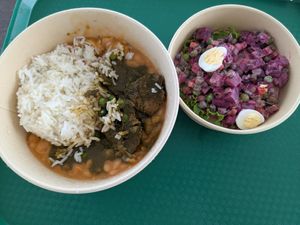 Left: gluten, White rice, beans. Right: mixed salad with beets peas and green beans at Comedor de la Clinica Good Hope in Lima