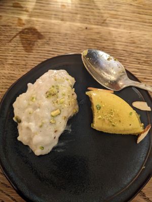 Pieces of both desserts...the rice pudding was amazing, the other just ok at Lapis in Washington