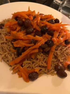 Rice pilaf with carrots and raisins  at Lapis in Washington
