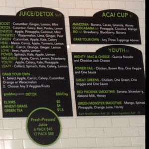 Juices/ Acai/ & kids menu board  at grabbagreen - North in Scottsdale