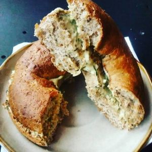 Bagel with In The Raw garlic and dill cashew cream cheese at Blue Apples in Halifax