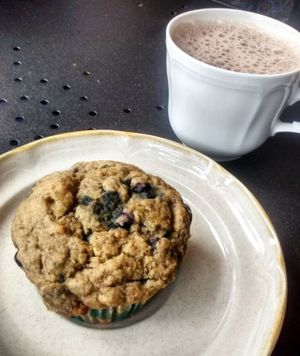 Banana blueberry muffin and hot cacoa at Blue Apples in Halifax