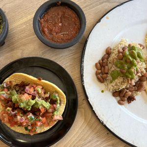 soyrizo taco, rice, and pinto beans (ask for no cheese). guac and chips were really good too  at Barrio Star in San Diego