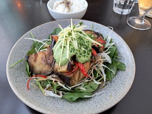 Eggplant with cilantro mayo and a delicious, slightly spicy broth at Hoku in Helsinki