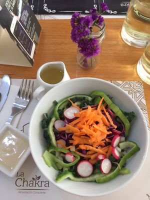 Raw salad and dressing  at La Chakra in Lima