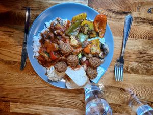 Gulash, rice, falafel, salad and tandori vegetables at Legume in Uppsala
