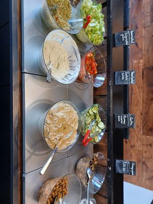 Salad bar, all vegan except tzatziki at Legume in Uppsala