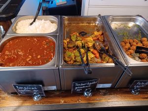 "Mains", gulash, rice, tandori vegetables and falafel. All vegan at Legume in Uppsala