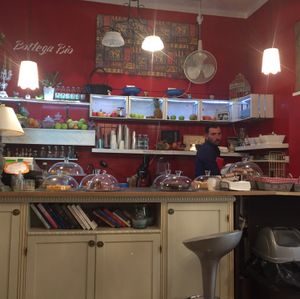 Food very affordable, delicious organic juices and helpful staff (not grumpy like photo might suggest!) at Centrifuga in Bologna