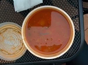 three bean chilli soup in compostable container at 3 Potato 4 in Pleasanton