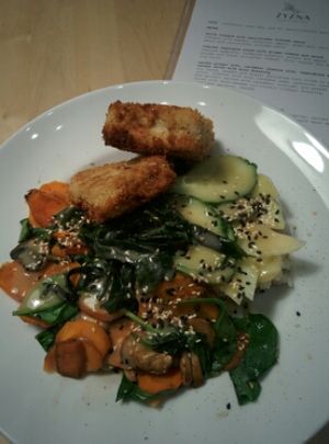 fried vegetables with cardamon-jasmine rice with cucumber and kohlrabi salad, sesame oil and coconut vinegar dressing and crispy wasabi tofu at Zyzna in Wroclaw