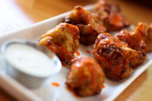 100% vegan Hot Wings (crispy cauliflower with hot sauce and vegan ranch). Yum! at One Veg World in Pasadena
