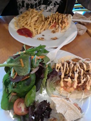 Jackfruit taco plates  at One Veg World in Pasadena