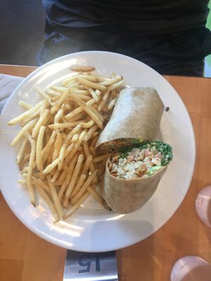 Jackfruit burrito with side of fries  at One Veg World in Pasadena