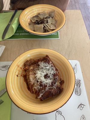 Lasagna and ravioli at Universo Vegano in Florence