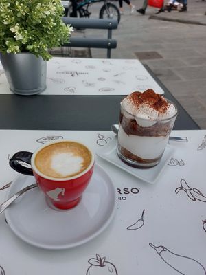 Tiramisu and espresso macchiatto at Universo Vegano in Florence