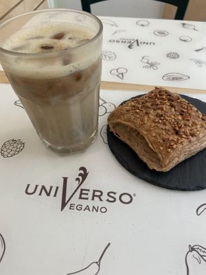 Iced cappuccino with two espresso shots as well as an hazelnut/chocolate cream filled pastry  at Universo Vegano in Florence